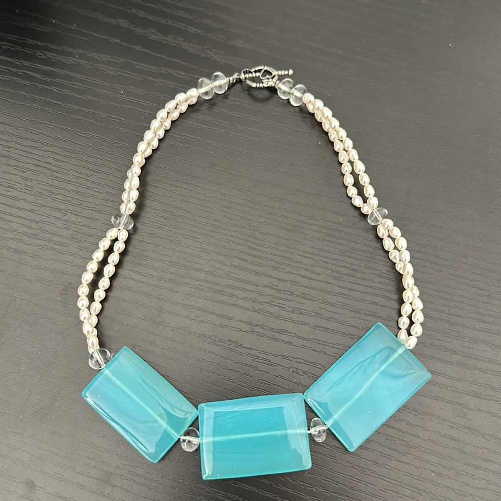 Blue Statement Glass Beads Fresh Water Pearls 925 Silver Toggle Clasp